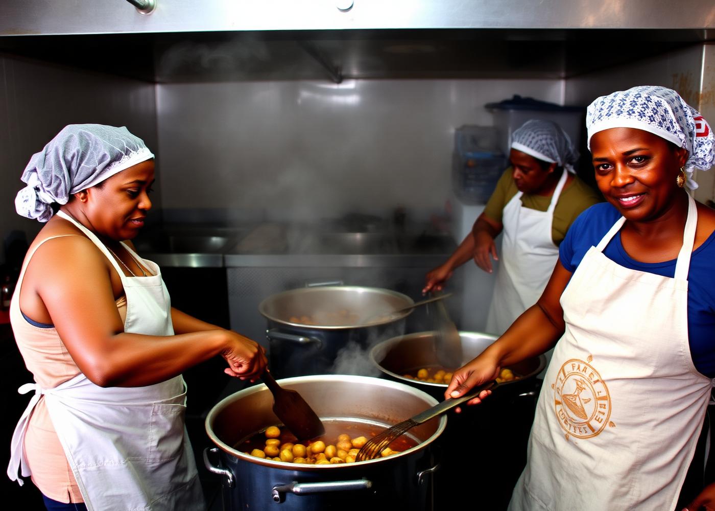 Cozinheiras preparando grandes panelas na cozinha social